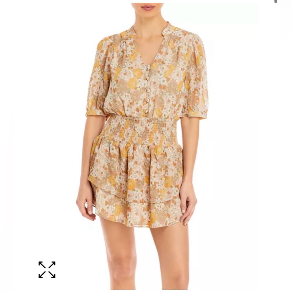 Aqua Retro Floral Preppy Cottagecore Neutral Summer Smocked Mini Dress Size M